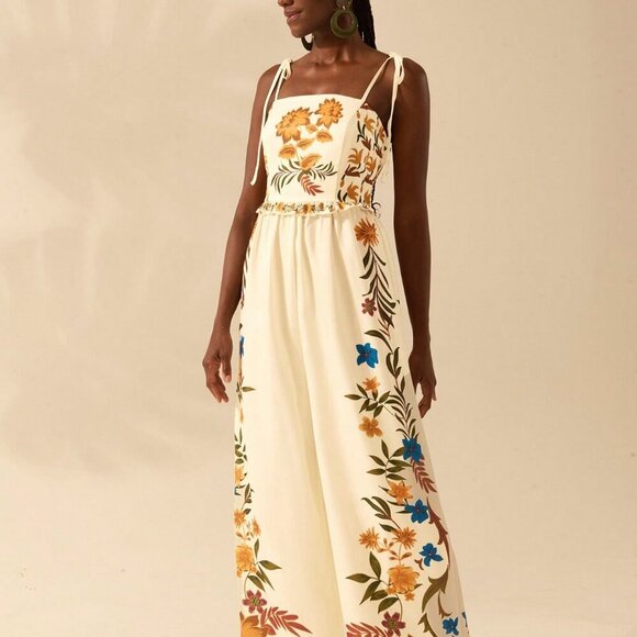 Multicolor Boho Women's Tropical Print Vacation Ruffle Wide Leg Jumpsuit - Picture 3 of 7